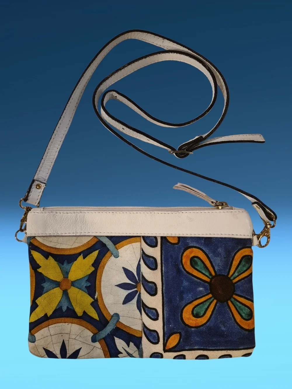 Vera Pelle Majolica Tile Print Canvas White Leather Crossbody Bag